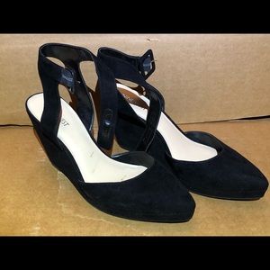 Nine West black suede ankle strap wedges